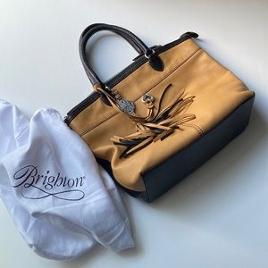 Brighton, 90s EUC leather two-toned tan and black tote with dust cover/ strap